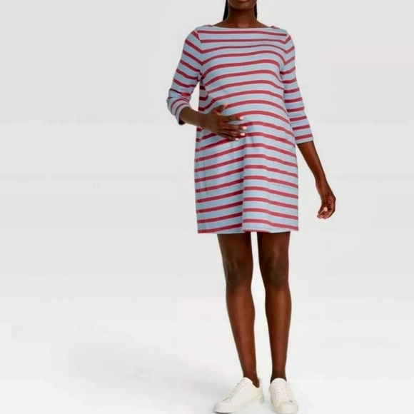 SOLD The Nines by Hatch Maternity Dress Knit Stripes Medium Red Blue Pockets - Picture 2 of 9